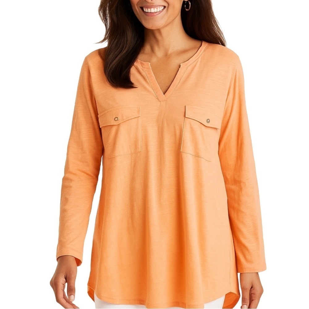 CHICOS Tangerine Cotton Split Neck 2-Pocket Top
